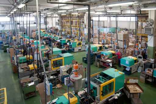 Injection molding machines in a large factory